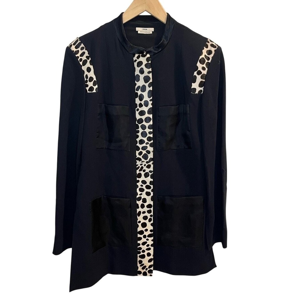 EDUN Black Longline Jacket Printed Calf Skin Leather Inserts Dalmatian Spot Sz 6